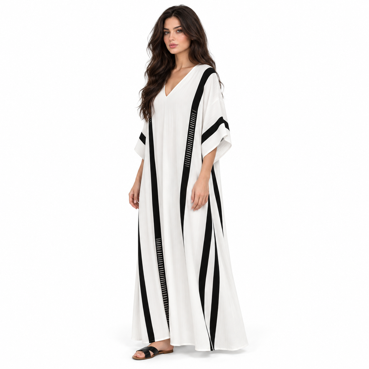 White Kaftan Elegant Black Striped Dress