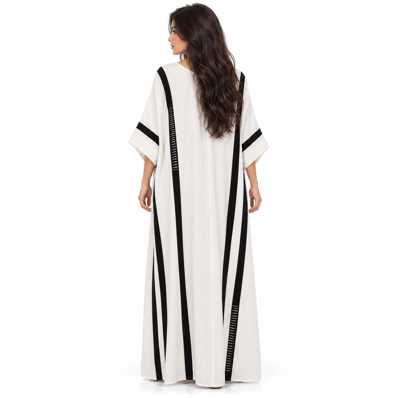 White Kaftan Elegant Black Striped Dress-4