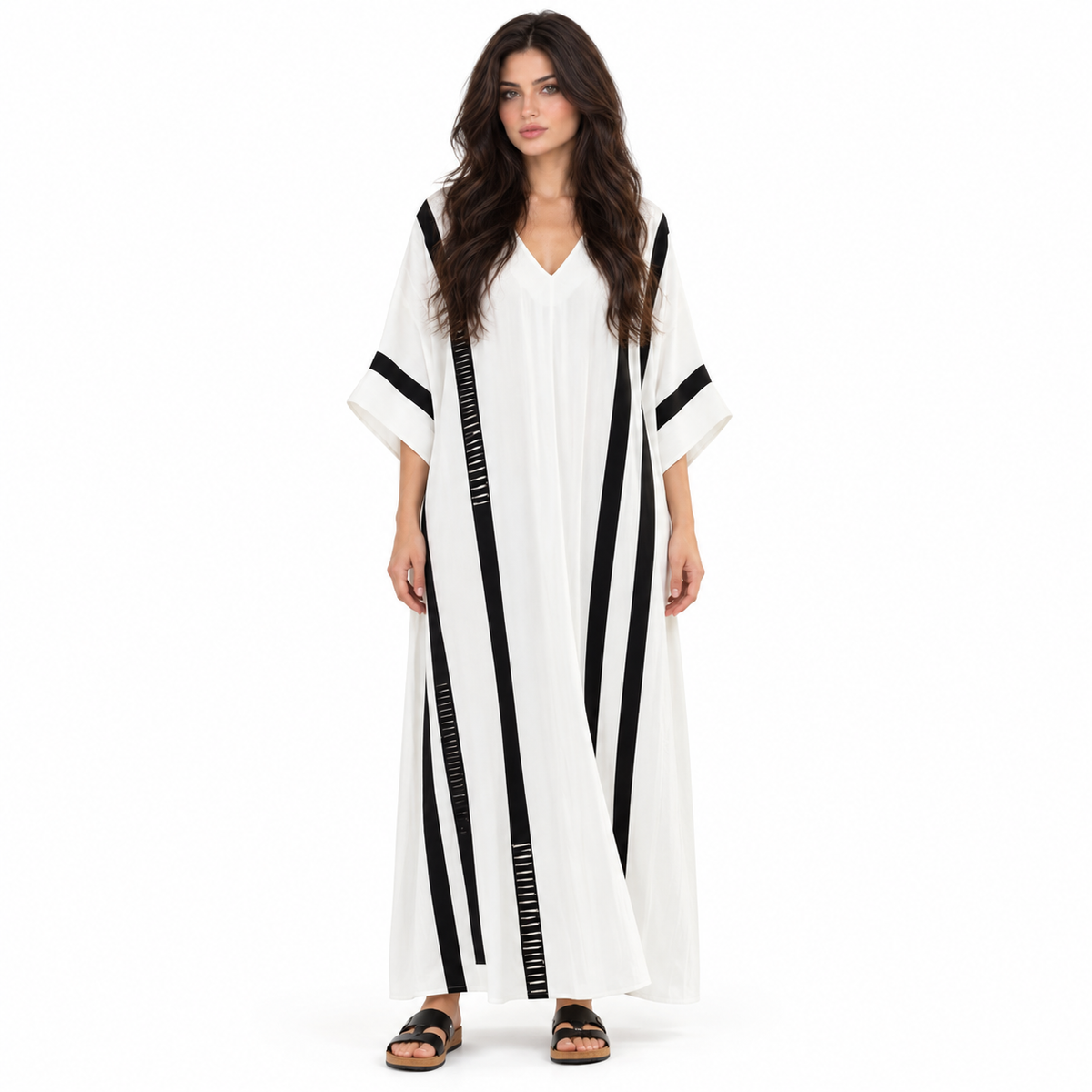 White Kaftan Elegant Black Striped Dress-1