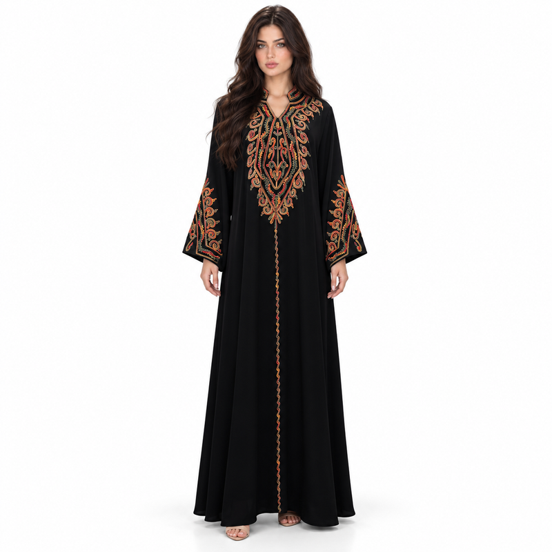 Black Kaftan With Elegant Colorful Embroidery-1