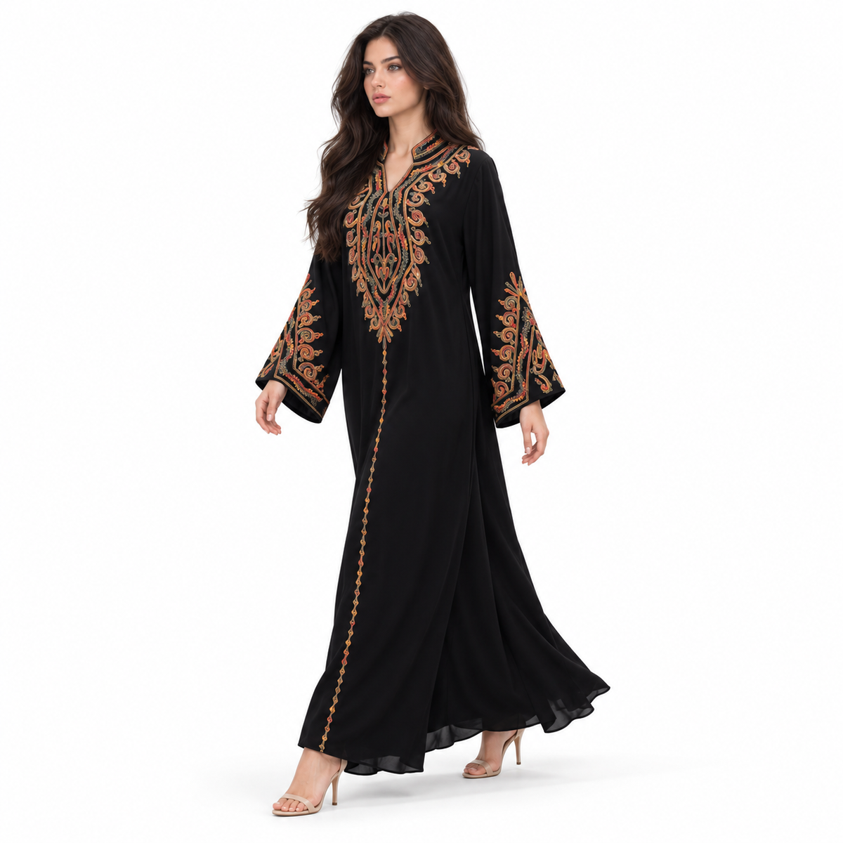 Black Kaftan With Elegant Colorful Embroidery-3
