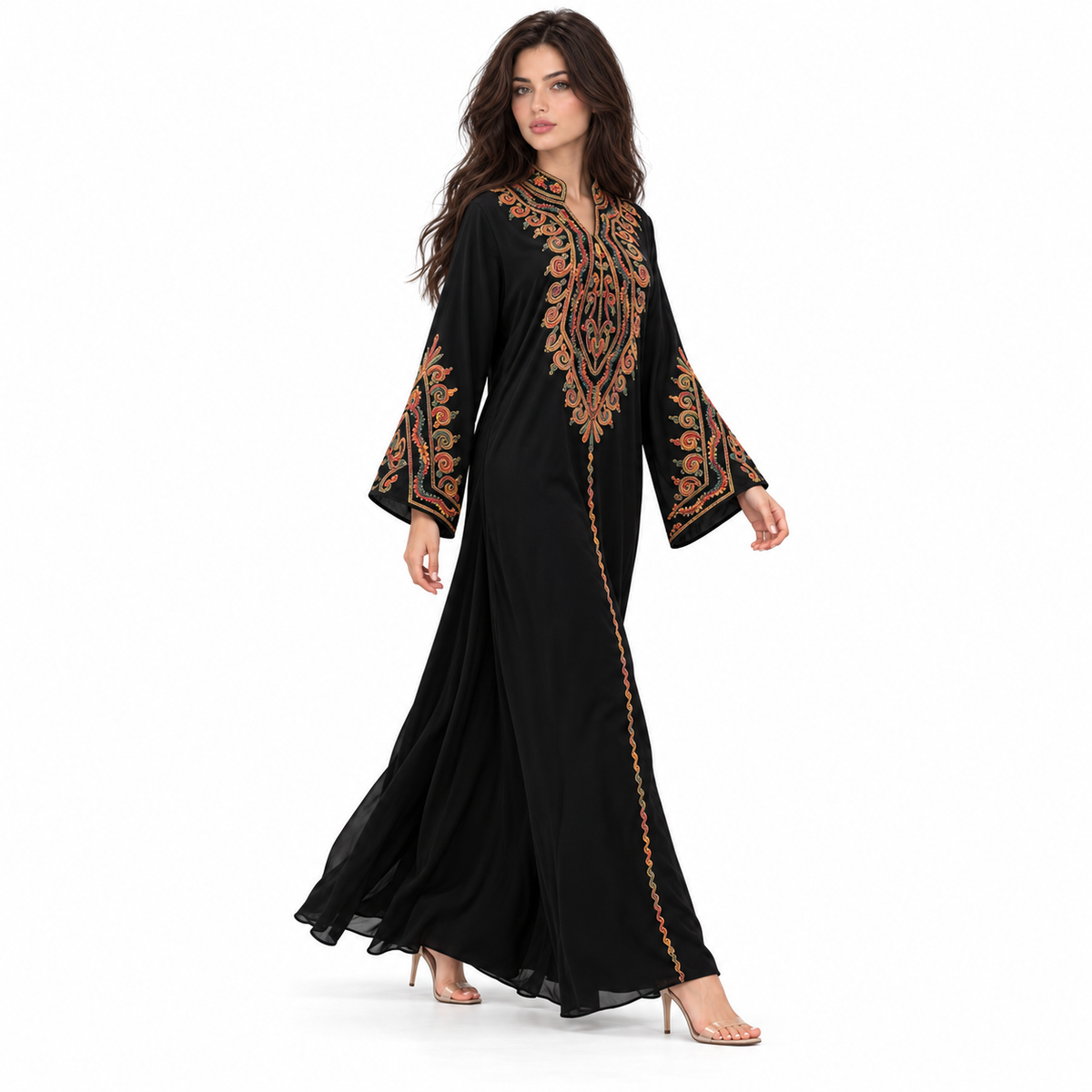 Black Kaftan With Elegant Colorful Embroidery-2