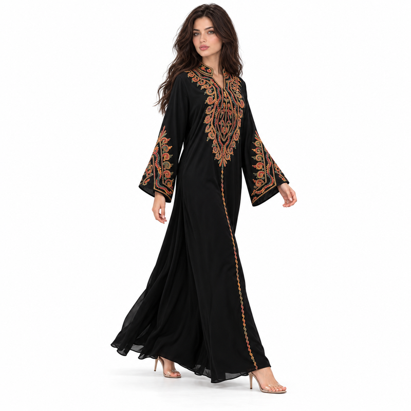 Black Kaftan With Elegant Colorful Embroidery-2