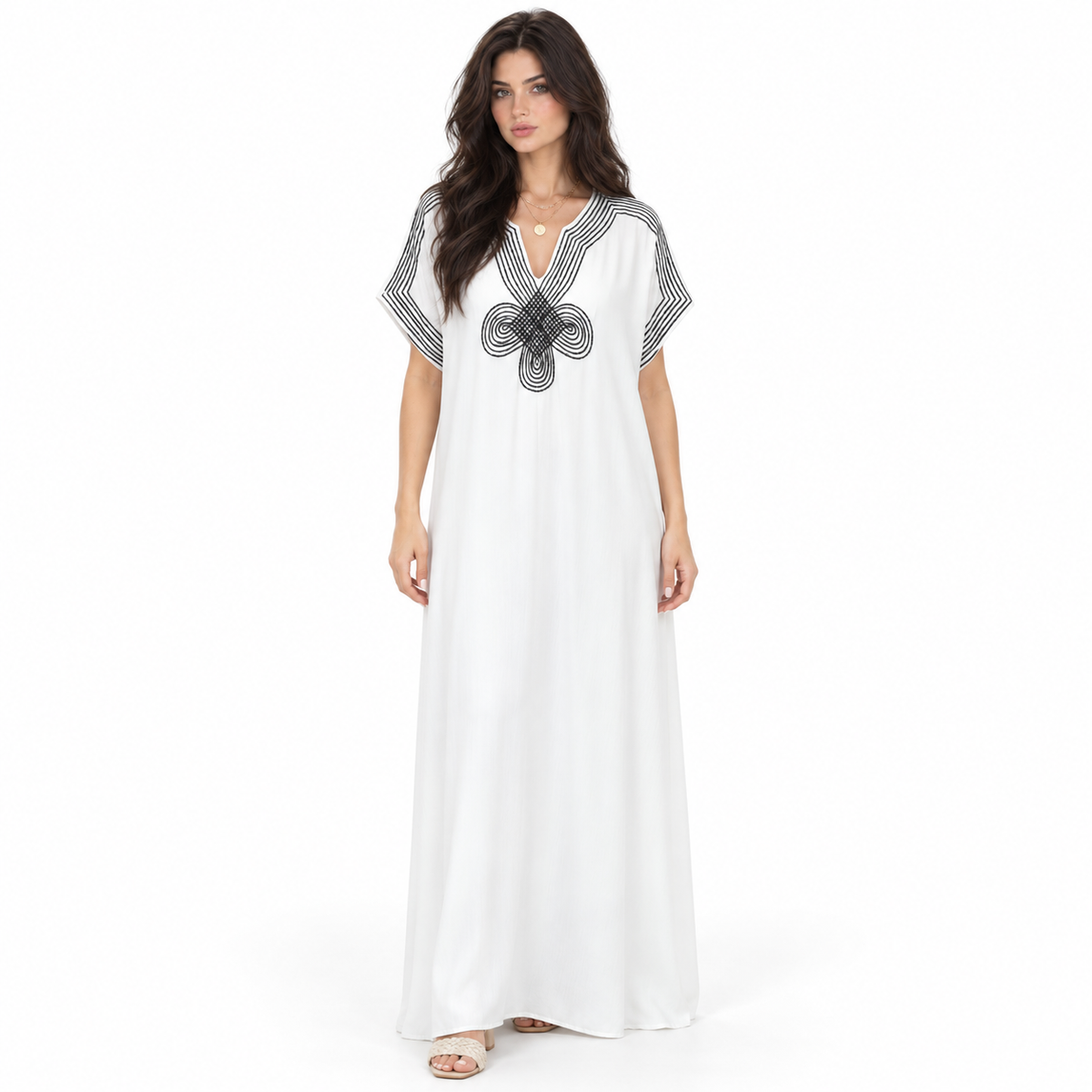 White Kaftan Dress With Black Embroidery