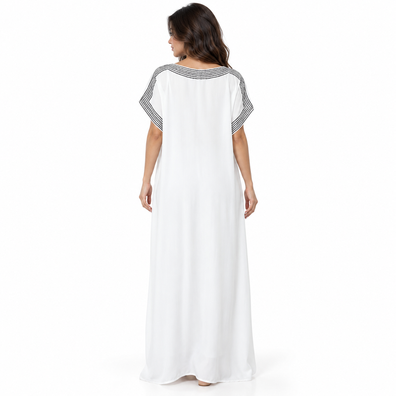 White Kaftan Dress With Black Embroidery-4