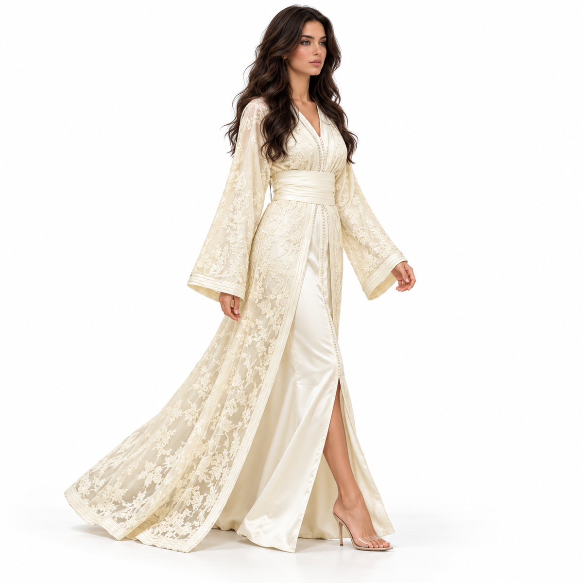 Elegant Ivory Lace Embroidered Moroccan Kaftan-3