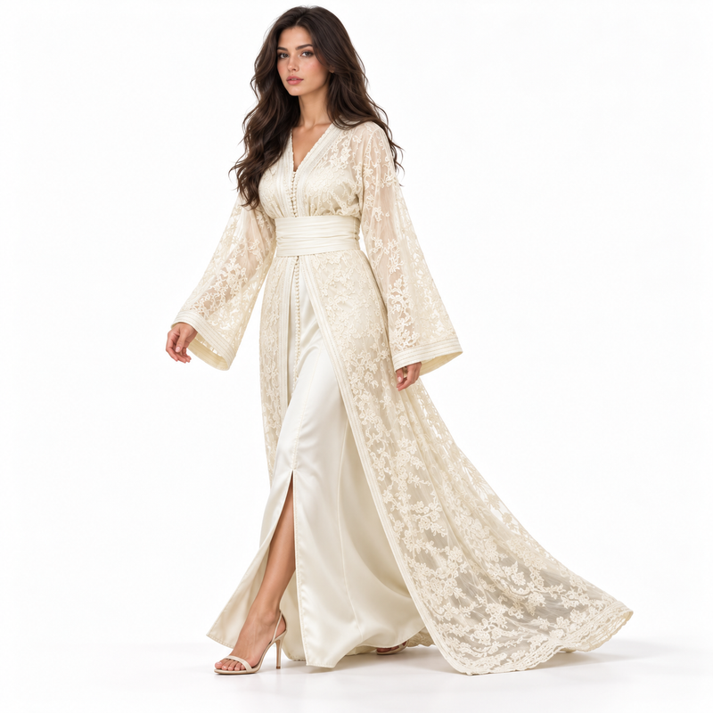 Elegant Ivory Lace Embroidered Moroccan Kaftan-2