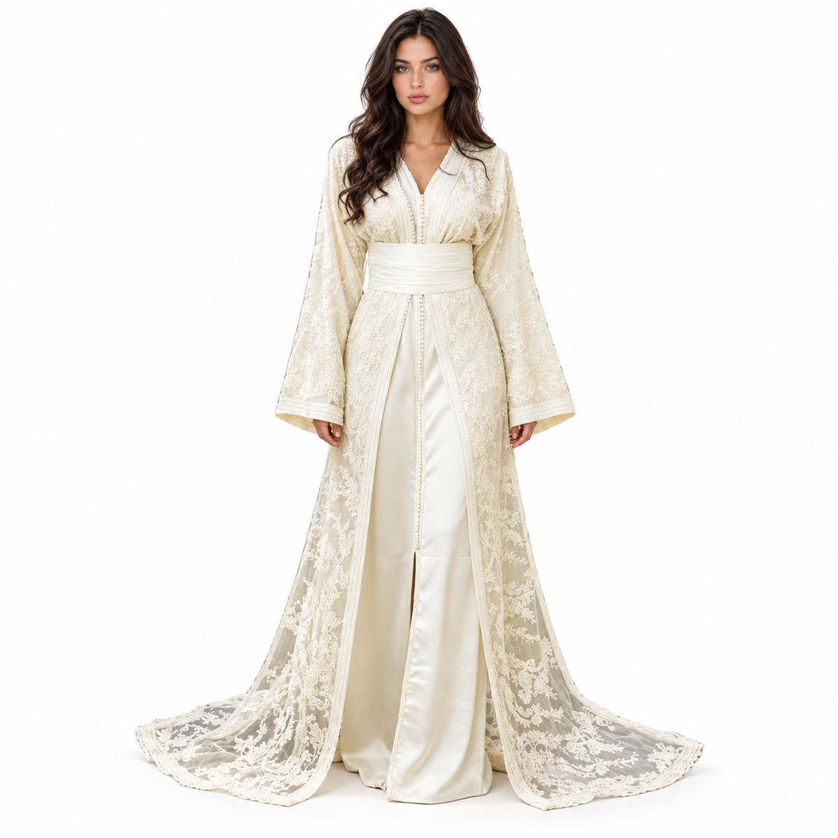 Elegant Ivory Lace Embroidered Moroccan Kaftan-1