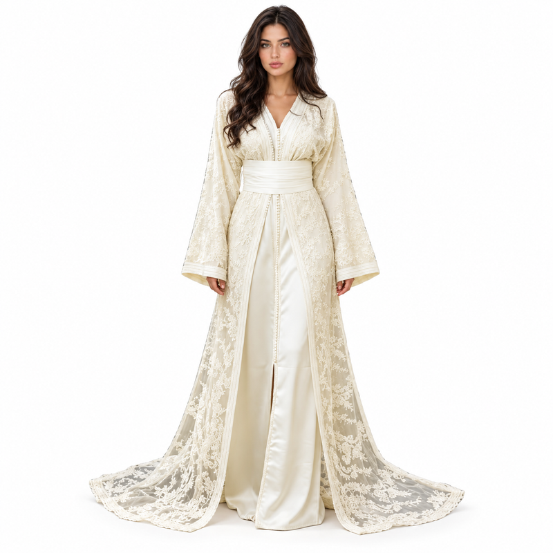 Elegant Ivory Lace Embroidered Moroccan Kaftan-1