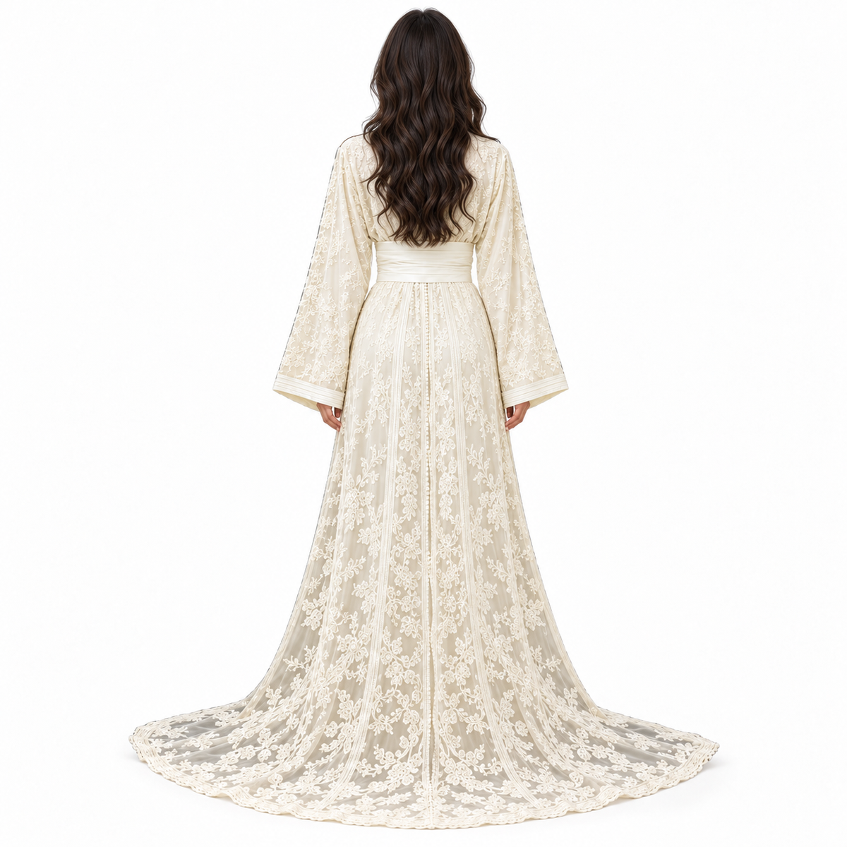 Elegant Ivory Lace Embroidered Moroccan Kaftan-4