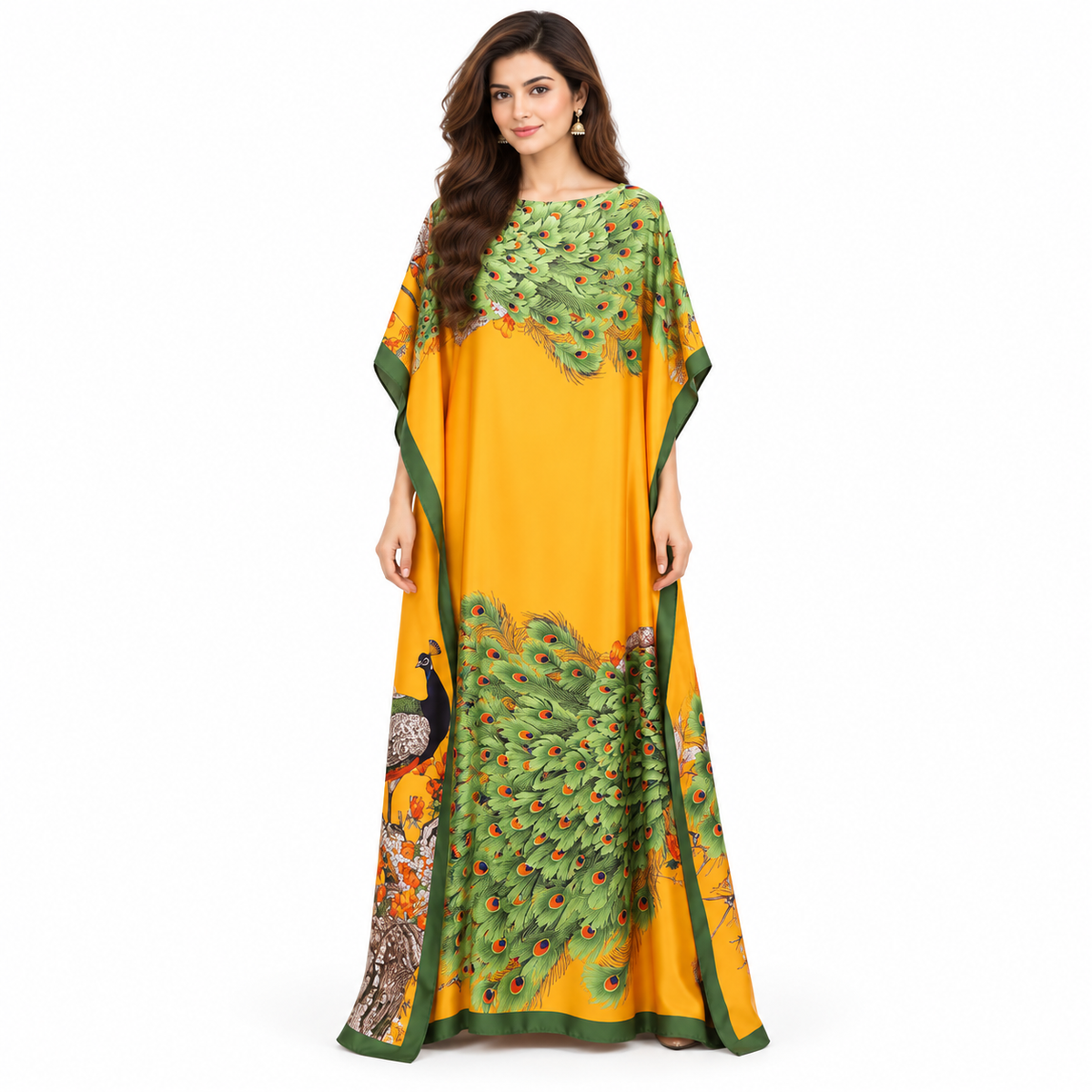 Elegant Yellow Peacock Printed Pakistani Kaftan