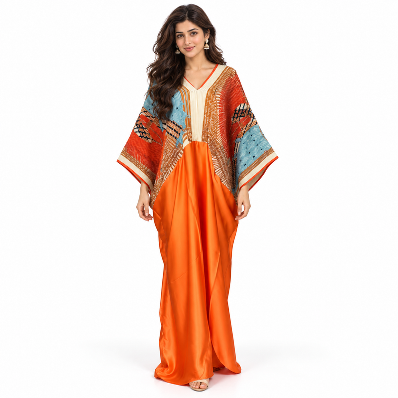 Elegant Orange Multicolor Pakistani Kaftan Dress-1