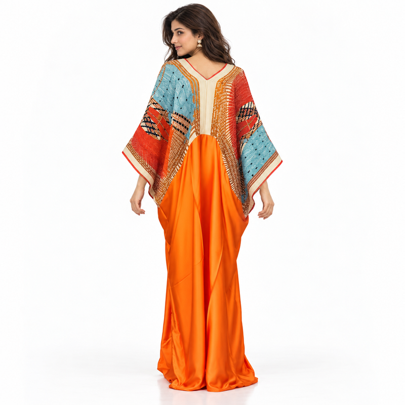Elegant Orange Multicolor Pakistani Kaftan Dress-4