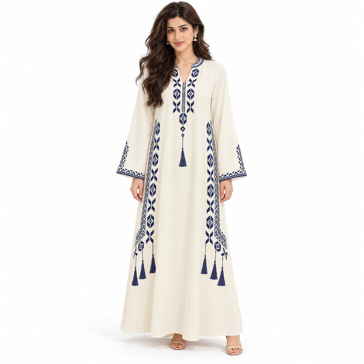 Milky White Embroidered Pakistani Kaftan Dress-1