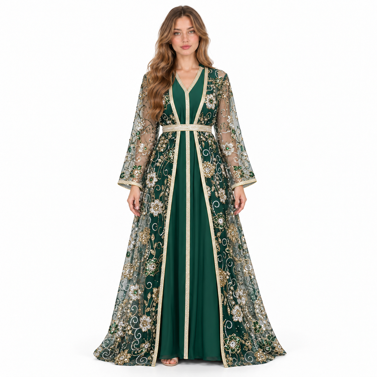 Elegant Emerald Green Floral Sequin Kaftan