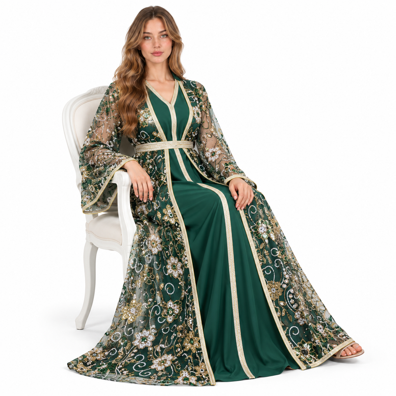 Elegant Emerald Green Floral Sequin Kaftan-3