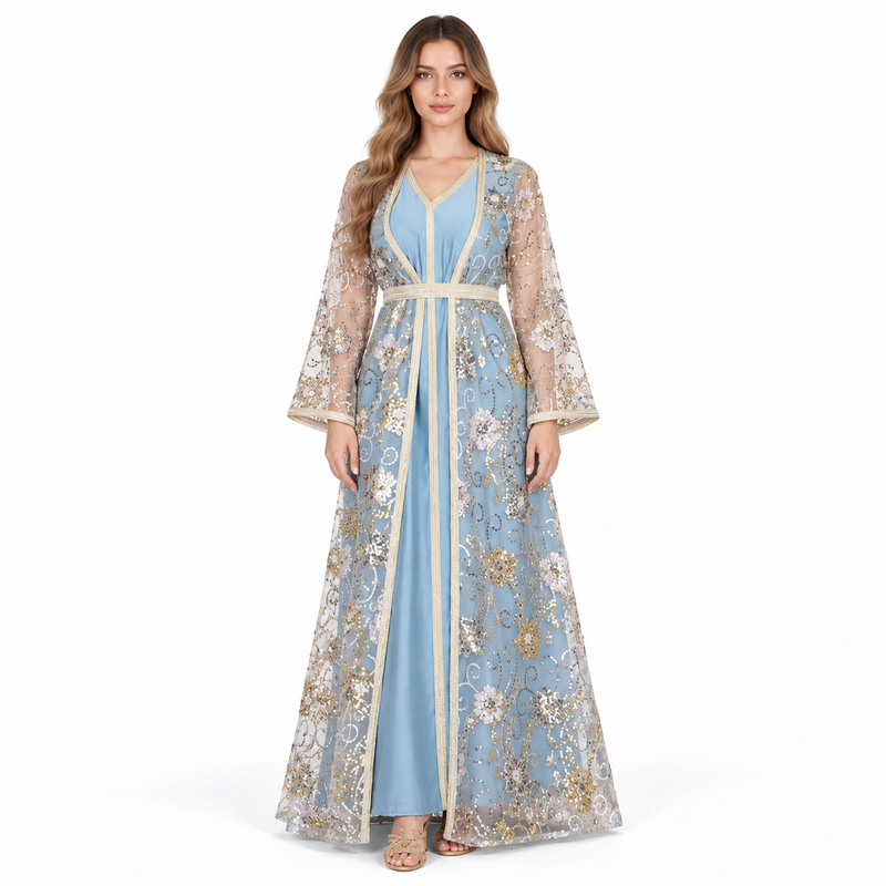 Elegant Blue Sequin Embroidered Kaftan Dress-1