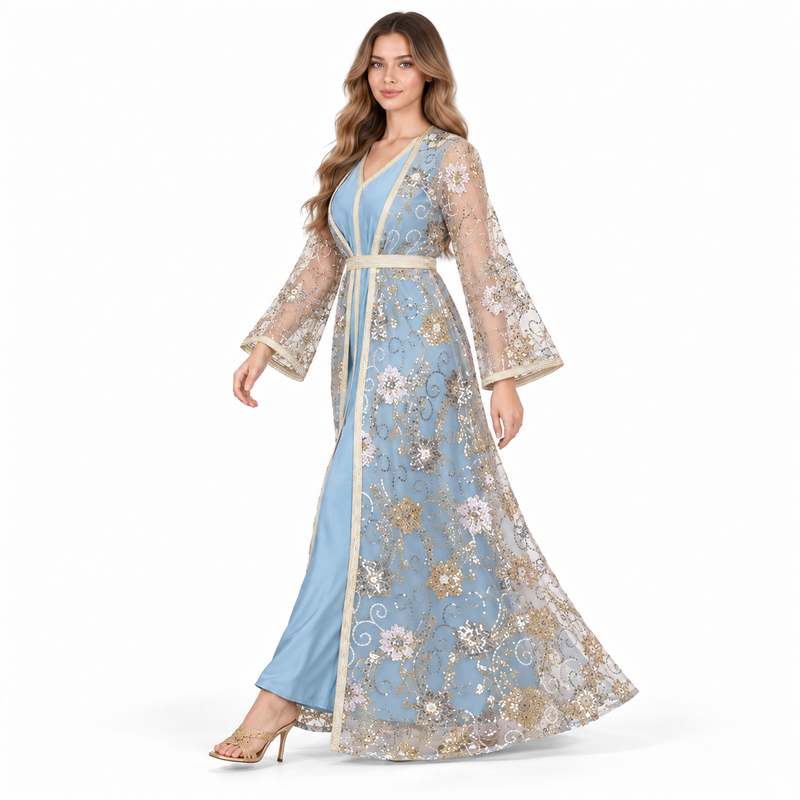 Elegant Blue Sequin Embroidered Kaftan Dress-3