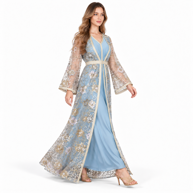 Elegant Blue Sequin Embroidered Kaftan Dress-2
