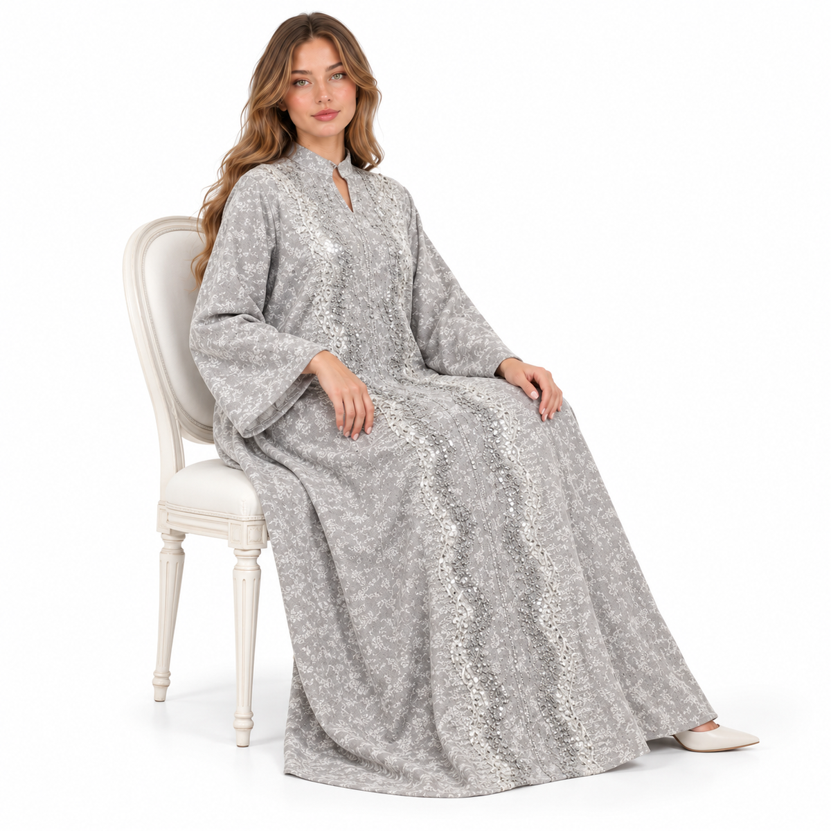 Elegant Silver Grey Embroidered Sequin Kaftan-3