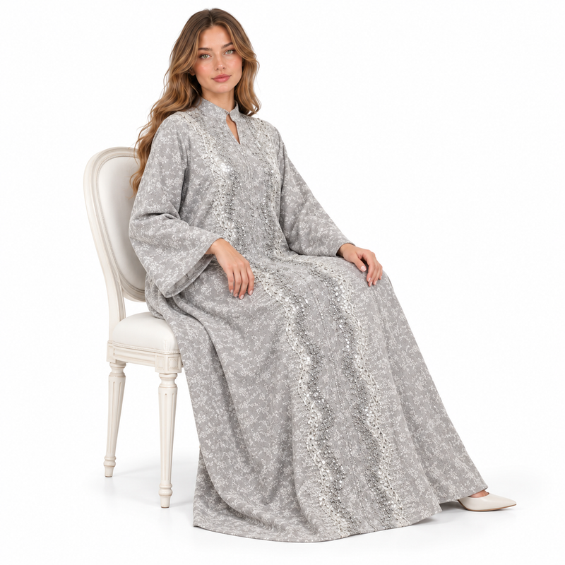 Elegant Silver Grey Embroidered Sequin Kaftan-3