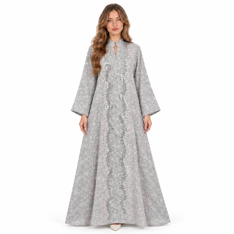 Elegant Silver Grey Embroidered Sequin Kaftan-1