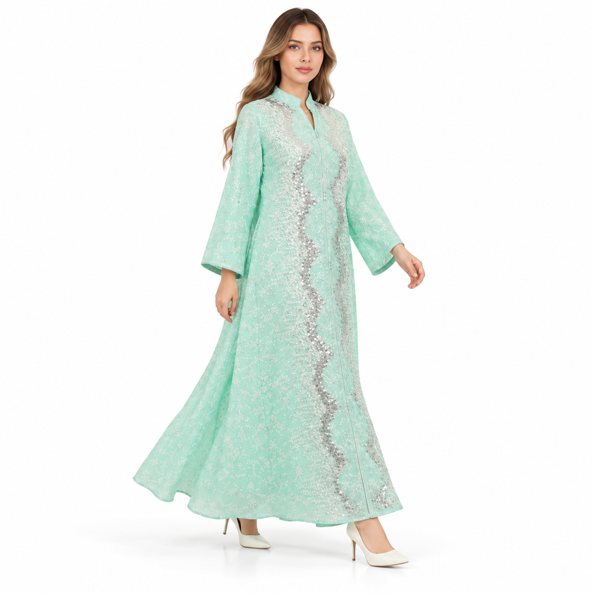 Elegant Mint Green Sequin Embroidered Kaftan-3