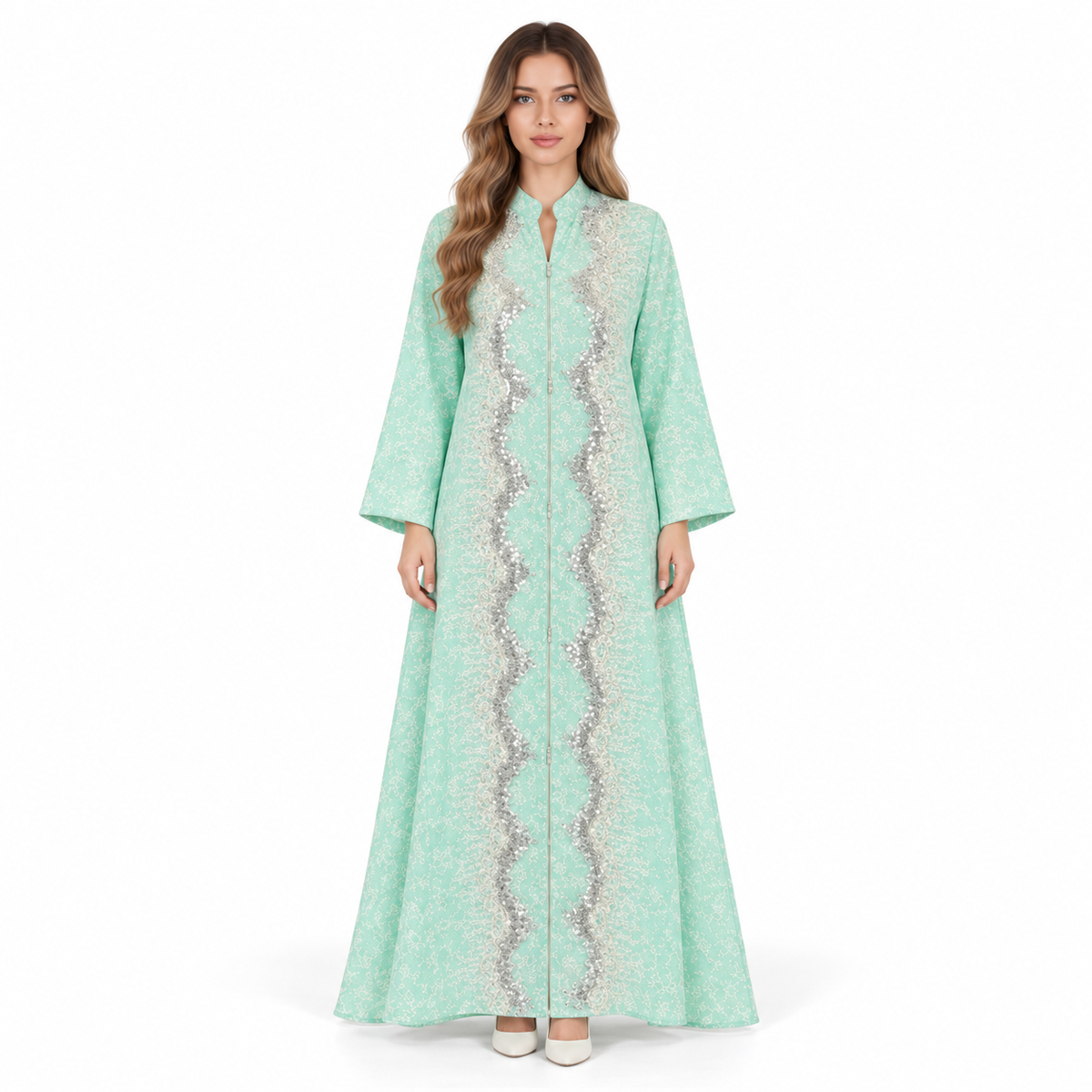 Elegant Mint Green Sequin Embroidered Kaftan-1