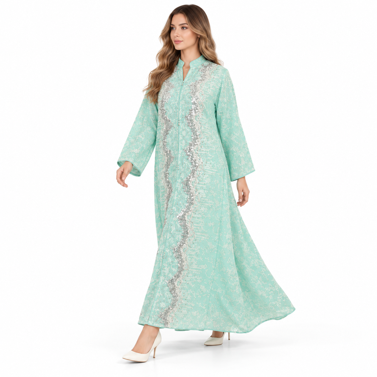 Elegant Mint Green Sequin Embroidered Kaftan