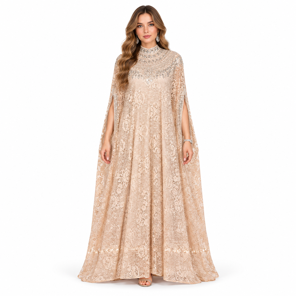 Elegant Beige Floral Sequin Lace Kaftan-1