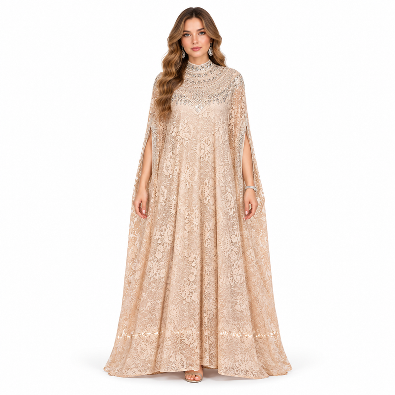Elegant Beige Floral Sequin Lace Kaftan-1