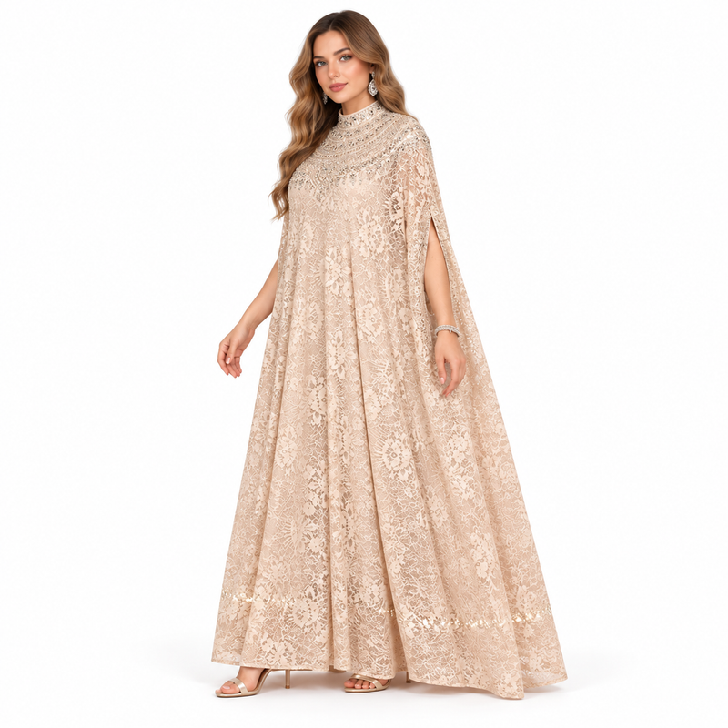 Elegant Beige Floral Sequin Lace Kaftan-3