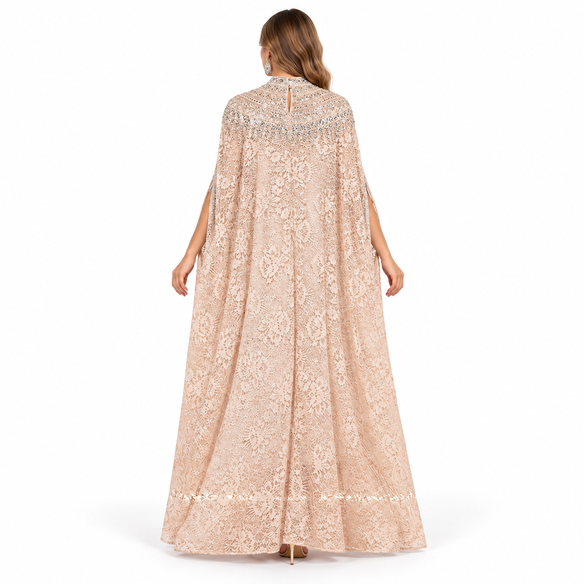 Elegant Beige Floral Sequin Lace Kaftan-4
