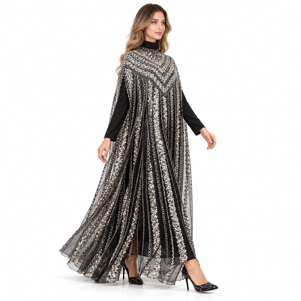 Elegant Black Silver Sequin Embroidered Kaftan-3