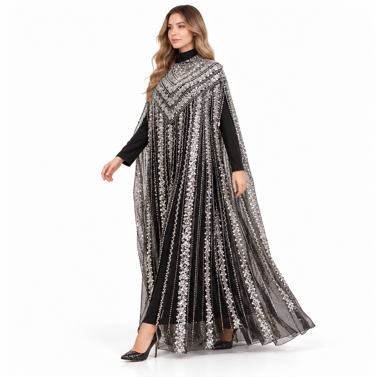 Elegant Black Silver Sequin Embroidered Kaftan