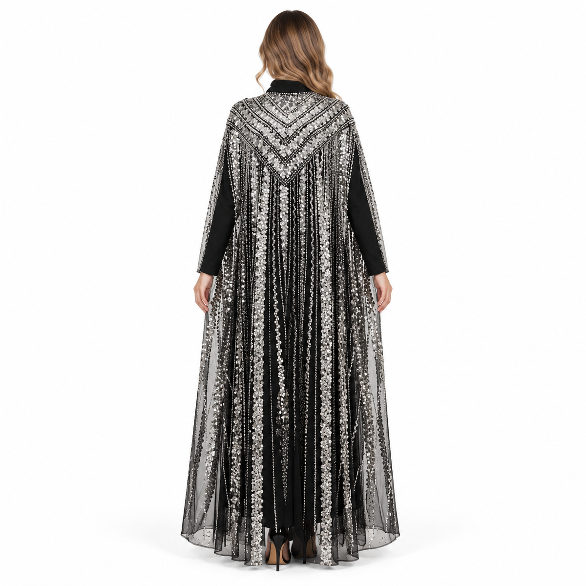 Elegant Black Silver Sequin Embroidered Kaftan-4