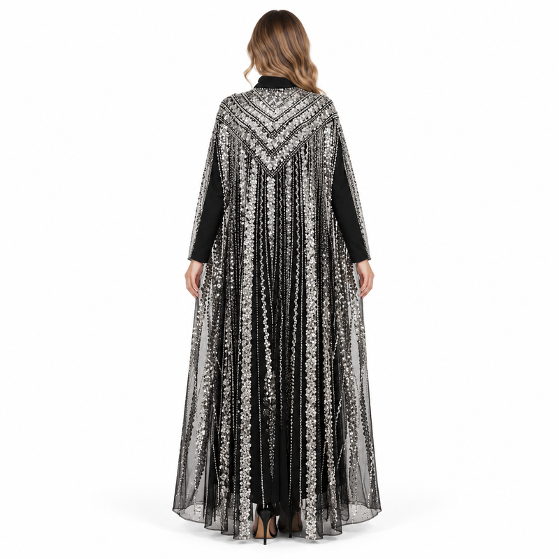 Elegant Black Silver Sequin Embroidered Kaftan-4