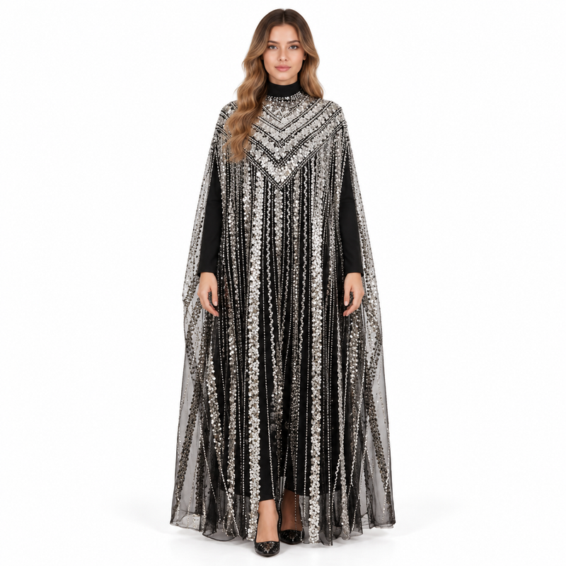 Elegant Black Silver Sequin Embroidered Kaftan-1