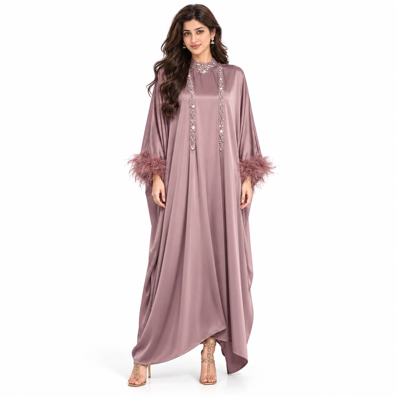 Elegant Pakistani Satin Feather Sleeve Kaftan-1