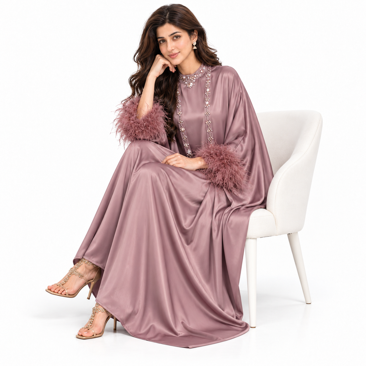 Elegant Pakistani Satin Feather Sleeve Kaftan-3