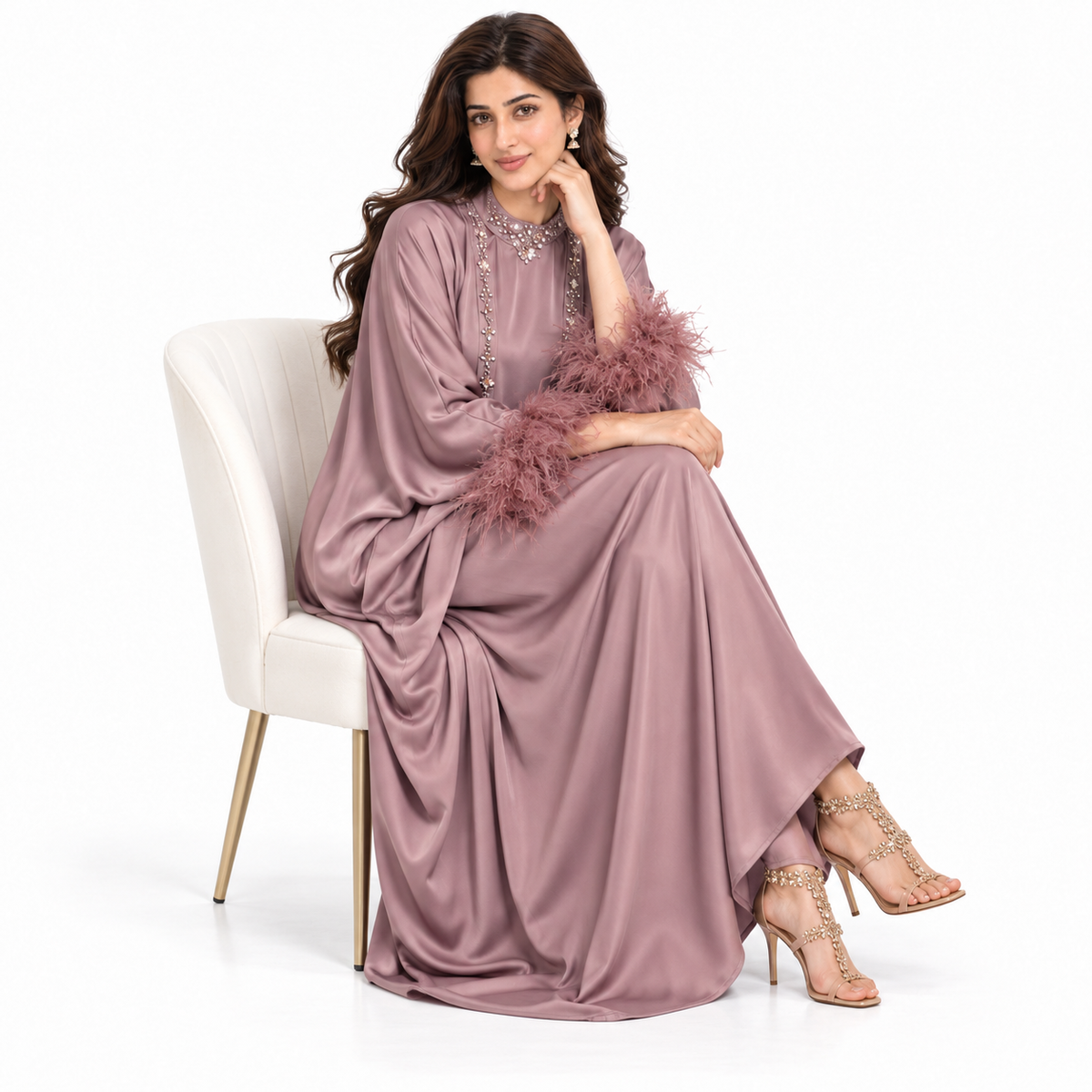 Elegant Pakistani Satin Feather Sleeve Kaftan-2