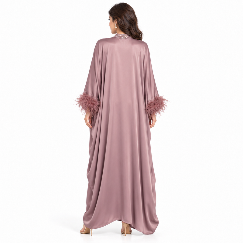 Elegant Pakistani Satin Feather Sleeve Kaftan-4