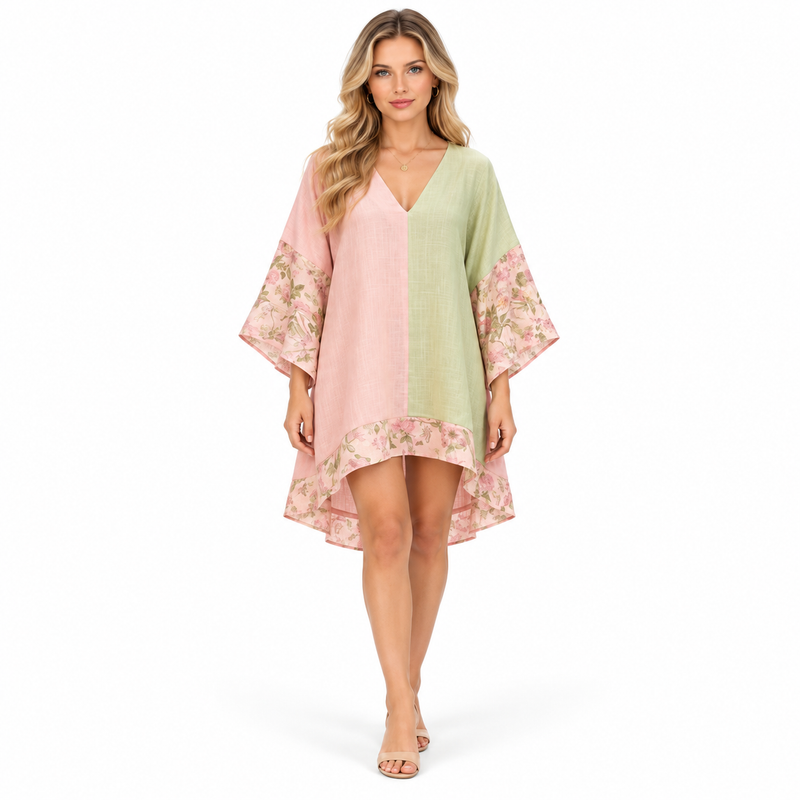 Elegant Pastel Floral Colorblock Kaftan Top-1