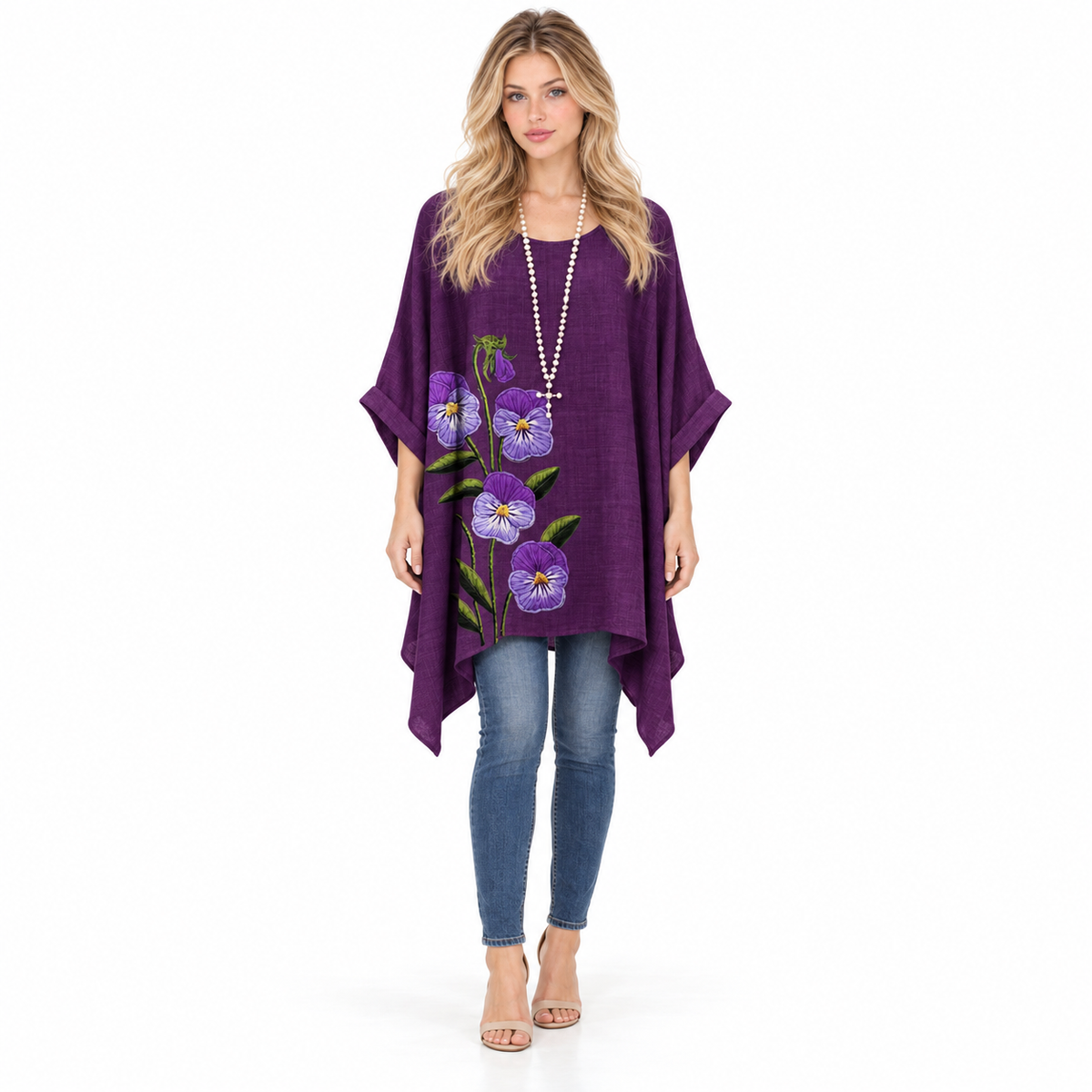 Elegant Purple Floral Embroidered Kaftan Top