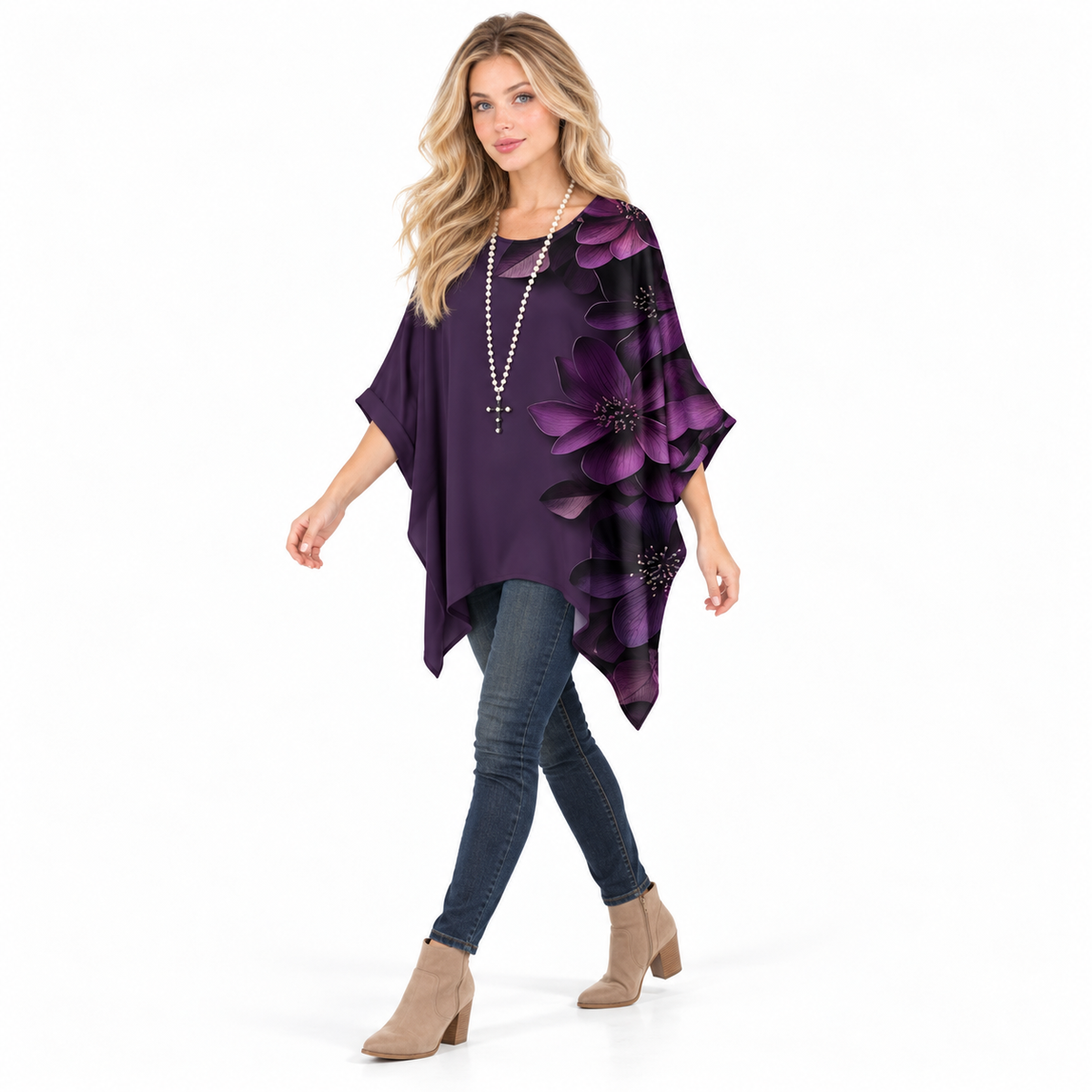 Elegant Purple Floral Flowy Kaftan Top