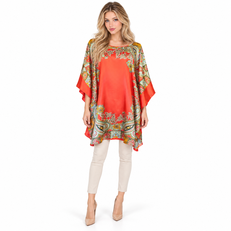 Elegant Coral Paisley Print Kaftan Top-1