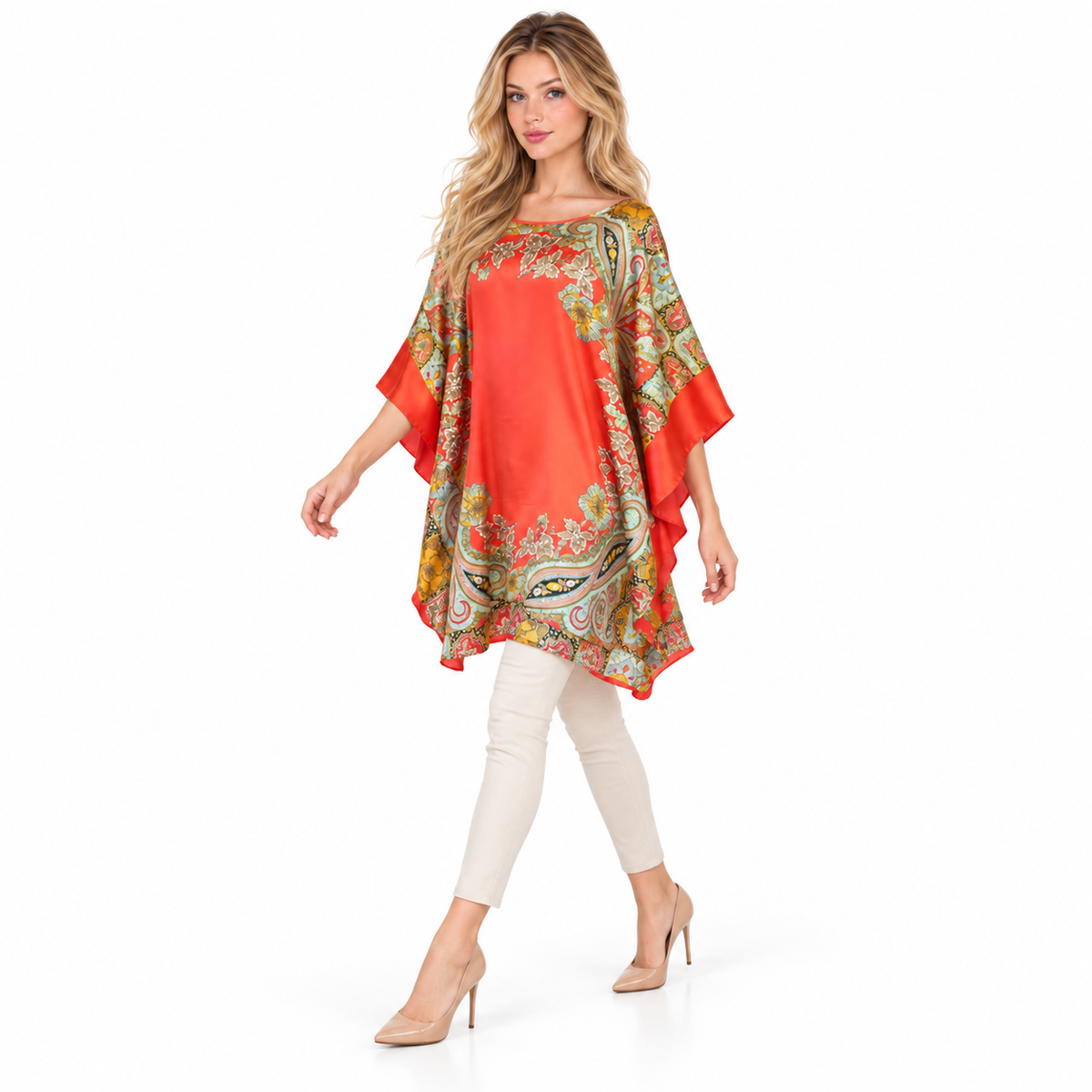 Elegant Coral Paisley Print Kaftan Top-2