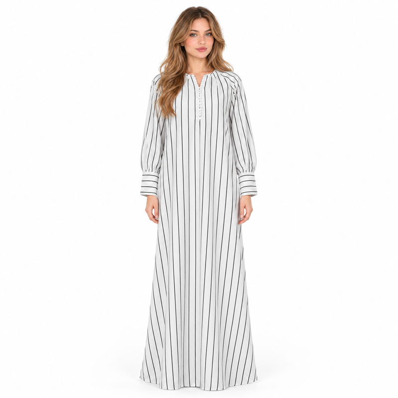 White Cotton Kaftan With Black Stripes-1