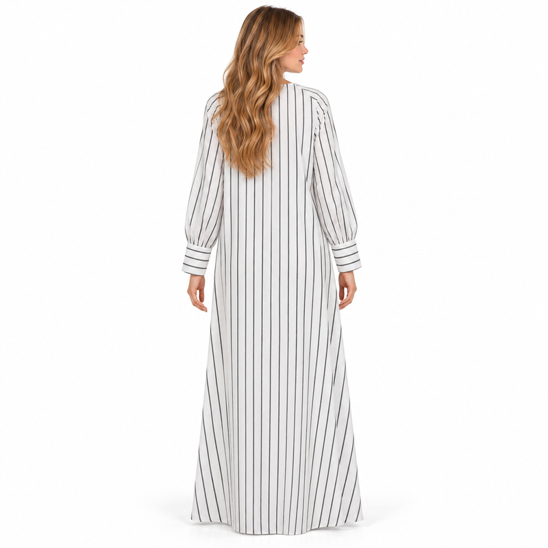 White Cotton Kaftan With Black Stripes-4