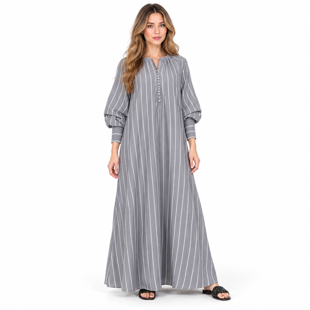 Elegant Grey Striped Cotton Kaftan Dress